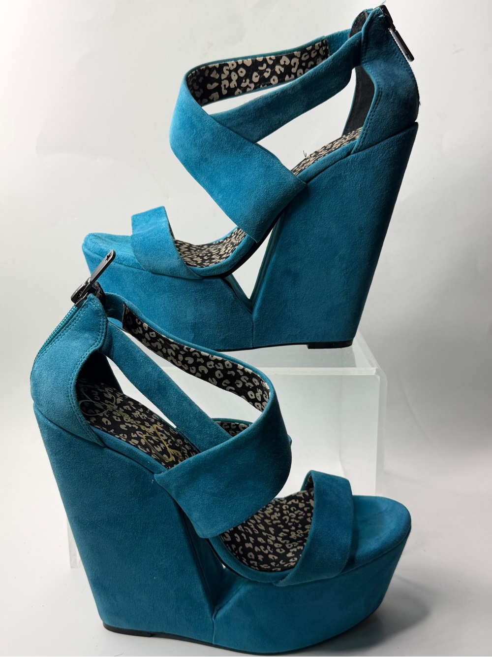 Teal Suede Platform Wedge Sandals with Ankle Strap - Women